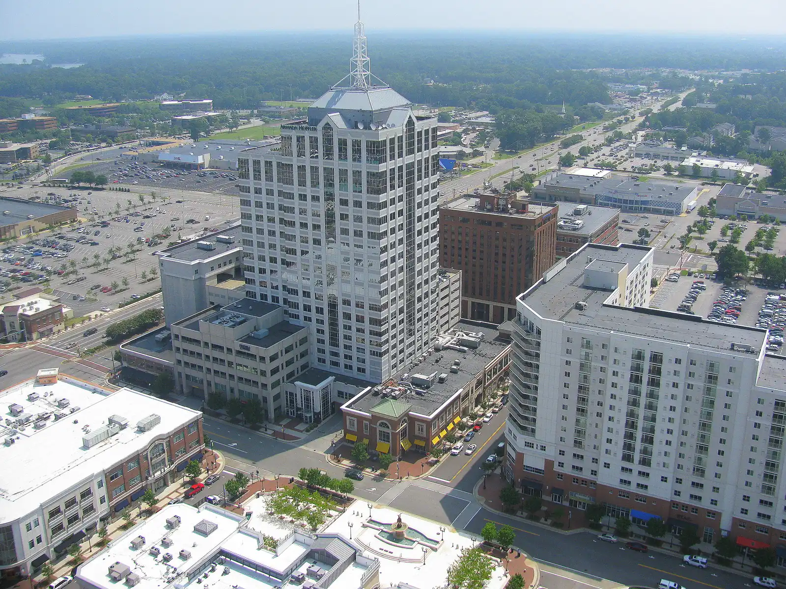Armada Hoffler Tower and the blocks around it at Virginia Beach Town Center, one of the city's form-based zoning districts, seen from above.