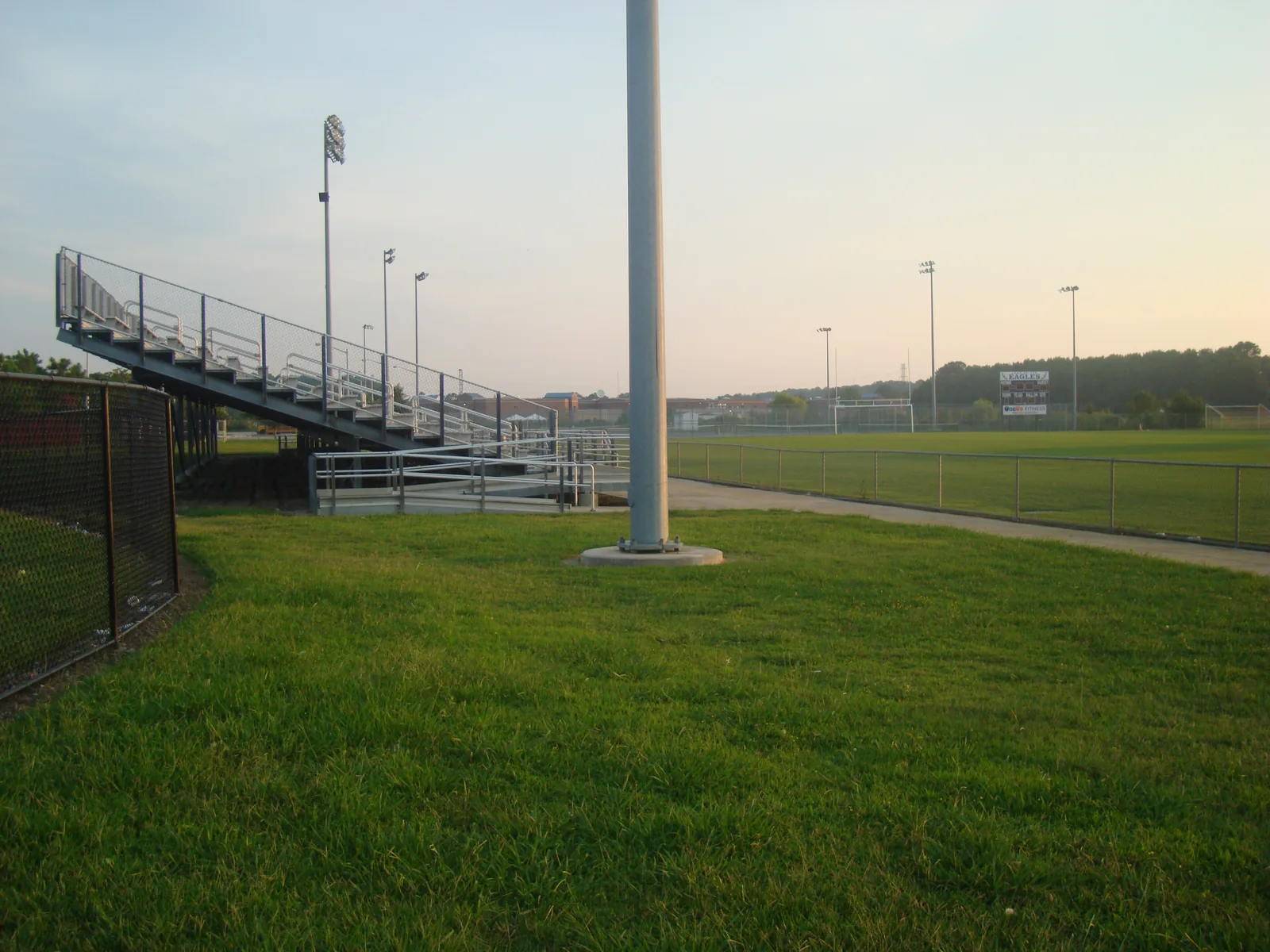 The bleachers, lights and Eagles scoreboard at the Landstown High School football field in Virginia Beach.