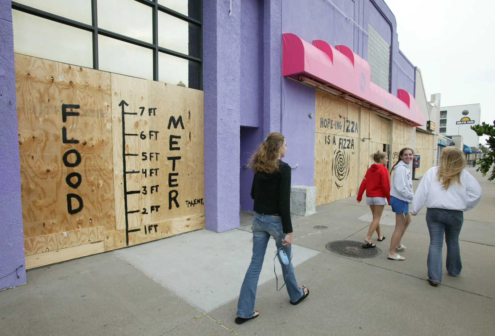Plywood boards over Oceanfront storefronts in Virginia Beach as residents evacuated ahead of Hurricane Isabel in September 2003.