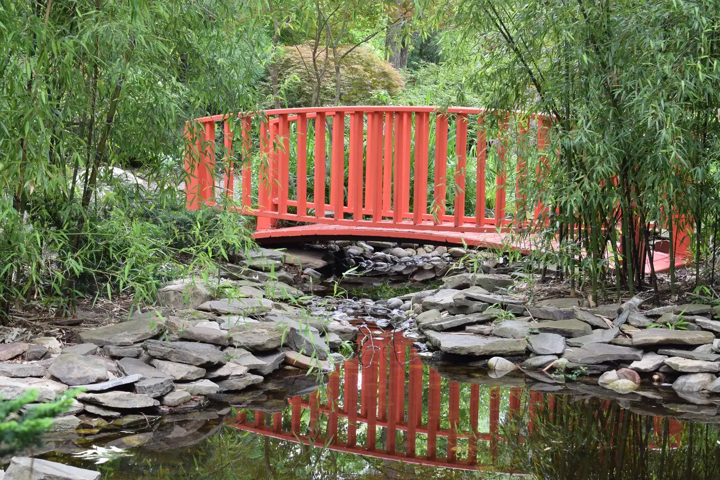 The red moon bridge in the Miyazaki Japanese Garden at Red Wing Park on General Booth Boulevard in Virginia Beach.