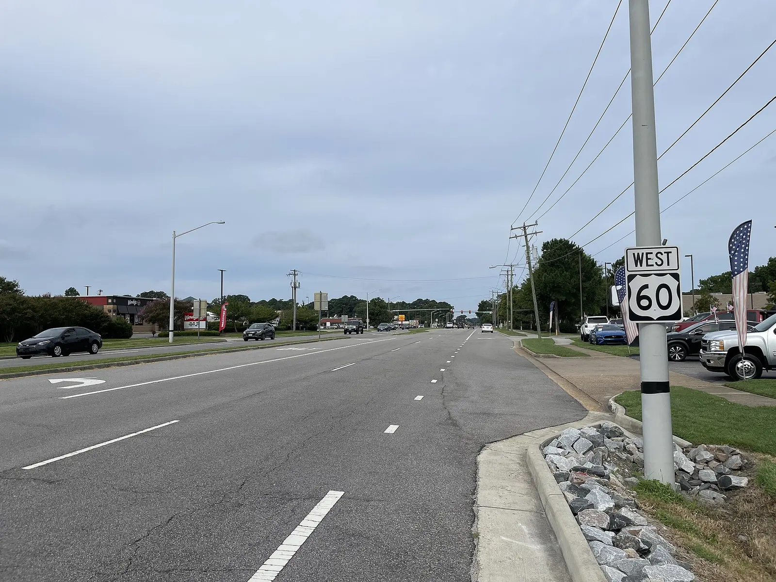 Shore Drive, U.S. Route 60, westbound past Westsail Lane in the Bayside area of Virginia Beach.