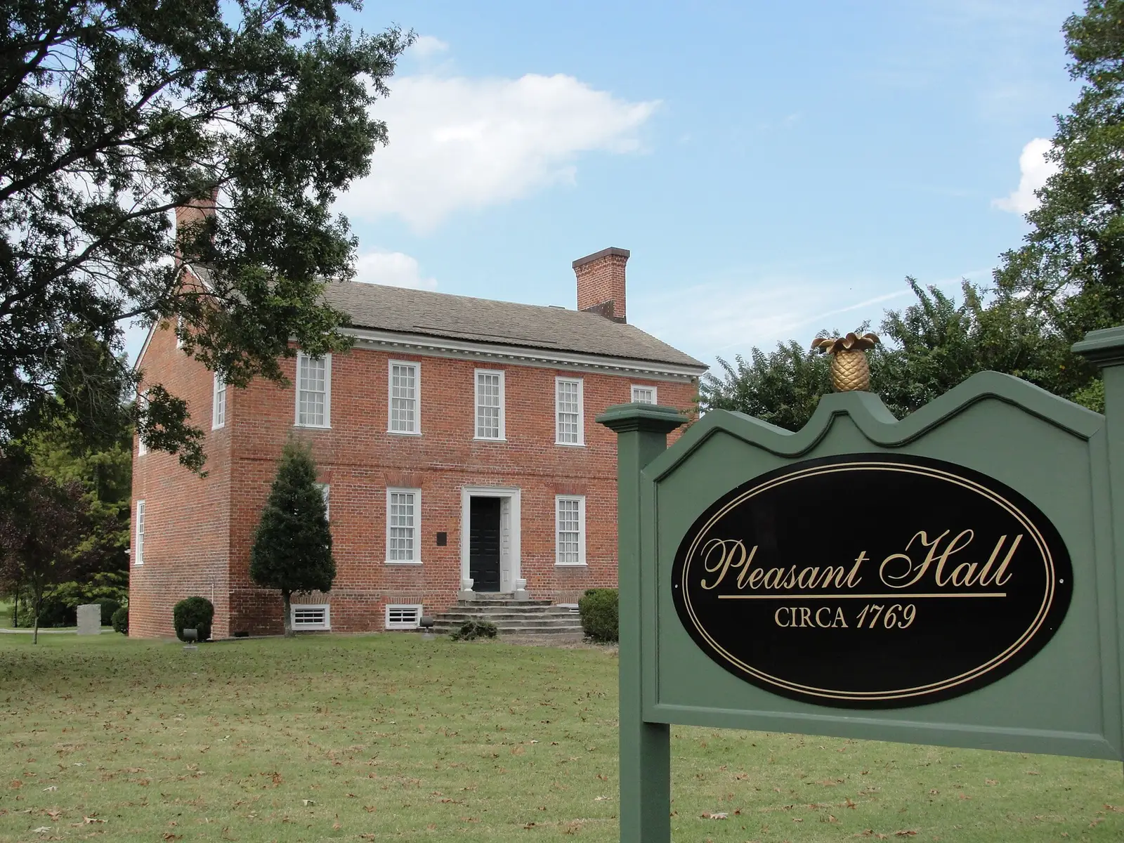 Pleasant Hall, a brick house whose sign dates it to about 1769, on Overland Road near Princess Anne Road in Kempsville.