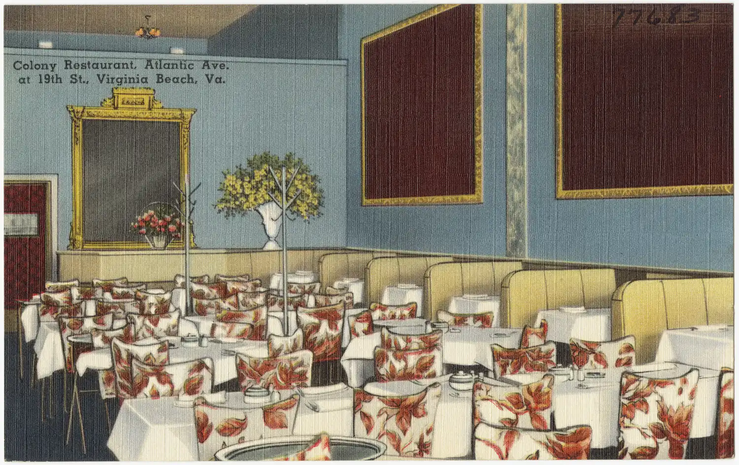 A vintage postcard of the Colony Restaurant on Atlantic Avenue at 19th Street in Virginia Beach, printed between about 1930 and 1945.