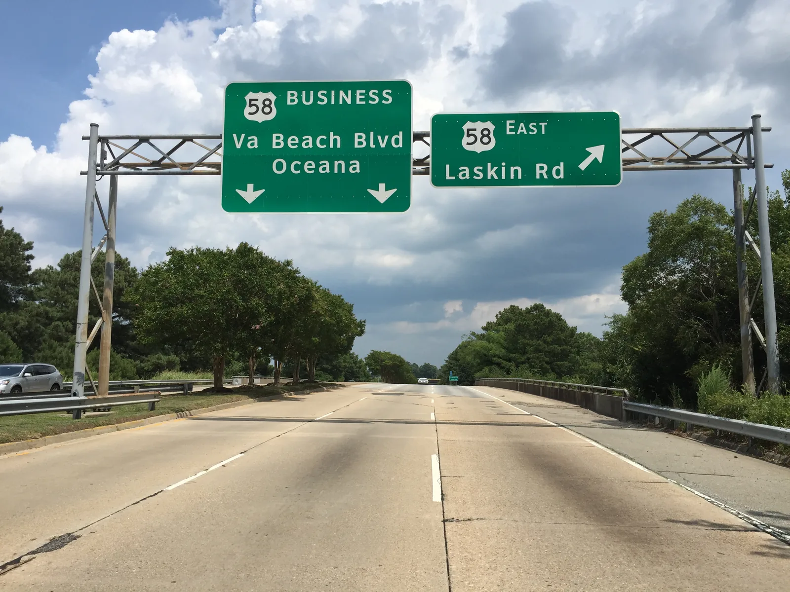 Overhead signs where U.S. Route 58 splits between Laskin Road and Virginia Beach Boulevard in Virginia Beach.