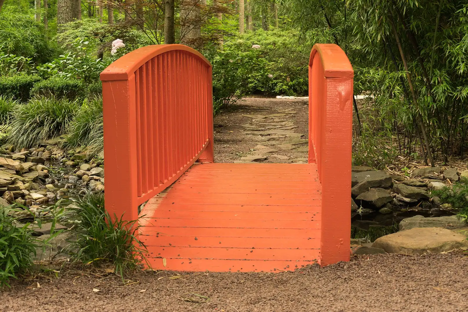 The moon bridge in the Miyazaki Japanese Garden at Red Wing Park in Virginia Beach.