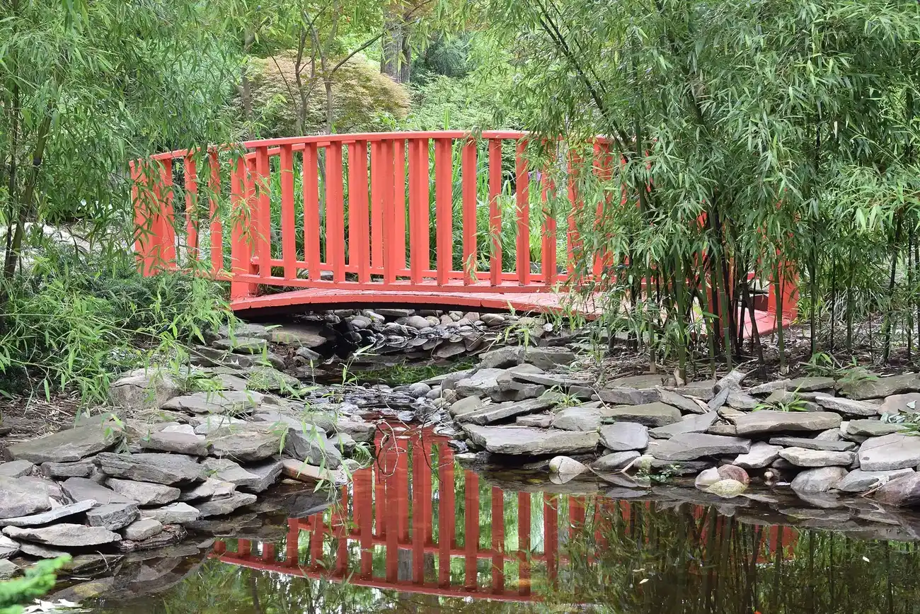 A bridge in the Miyazaki Japanese Garden at Red Wing Park in Virginia Beach.